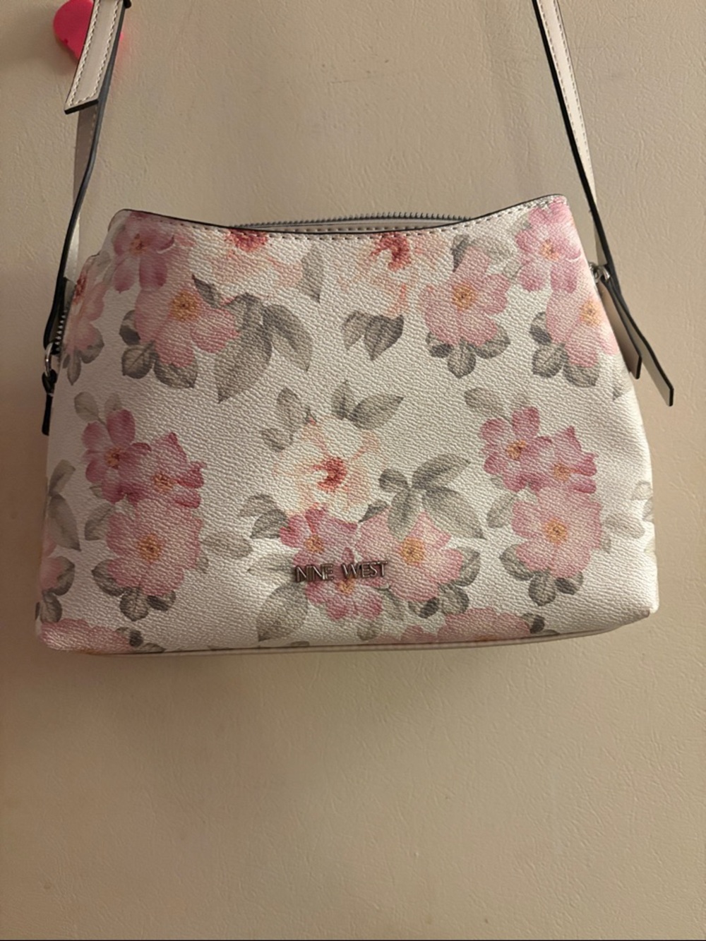 Nine West White Crossbody Bag with Pink Floral Print